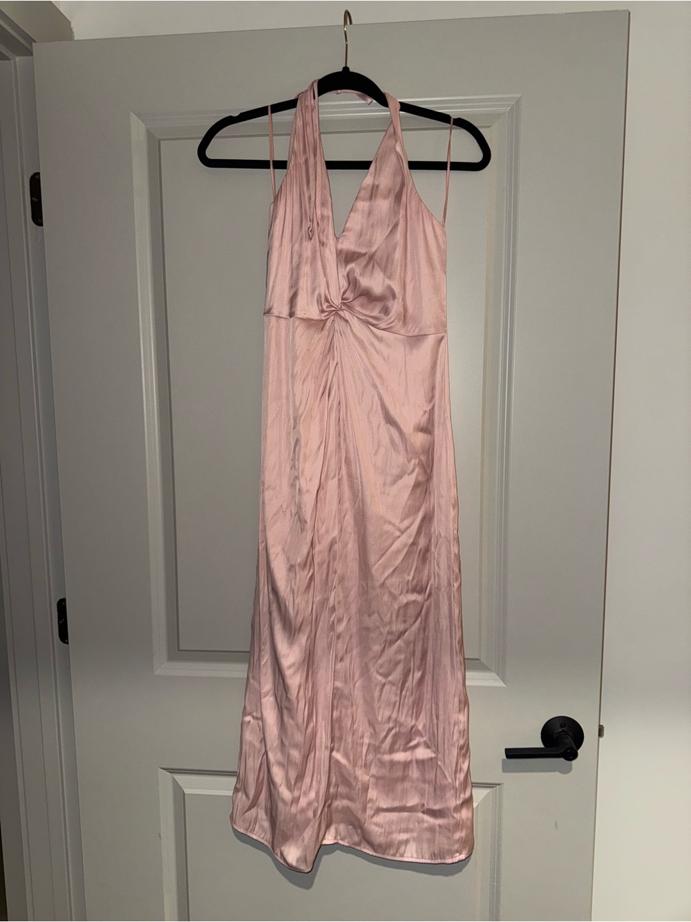 Crescent Soft Pink Satin Dress with Twisted Front
